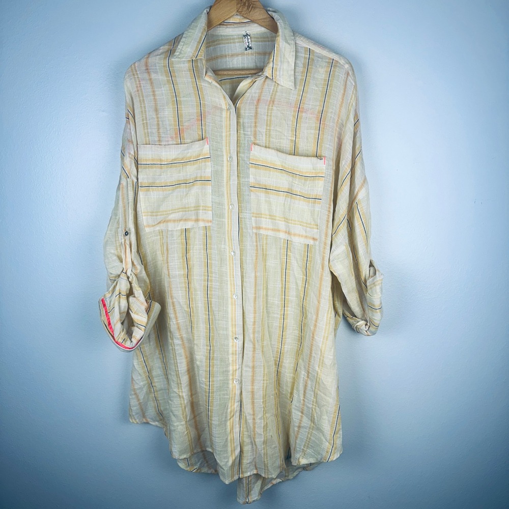 Intimately Free People Striped Cotton Gauze Roll Tab Tunic Shirt Yellow Medium